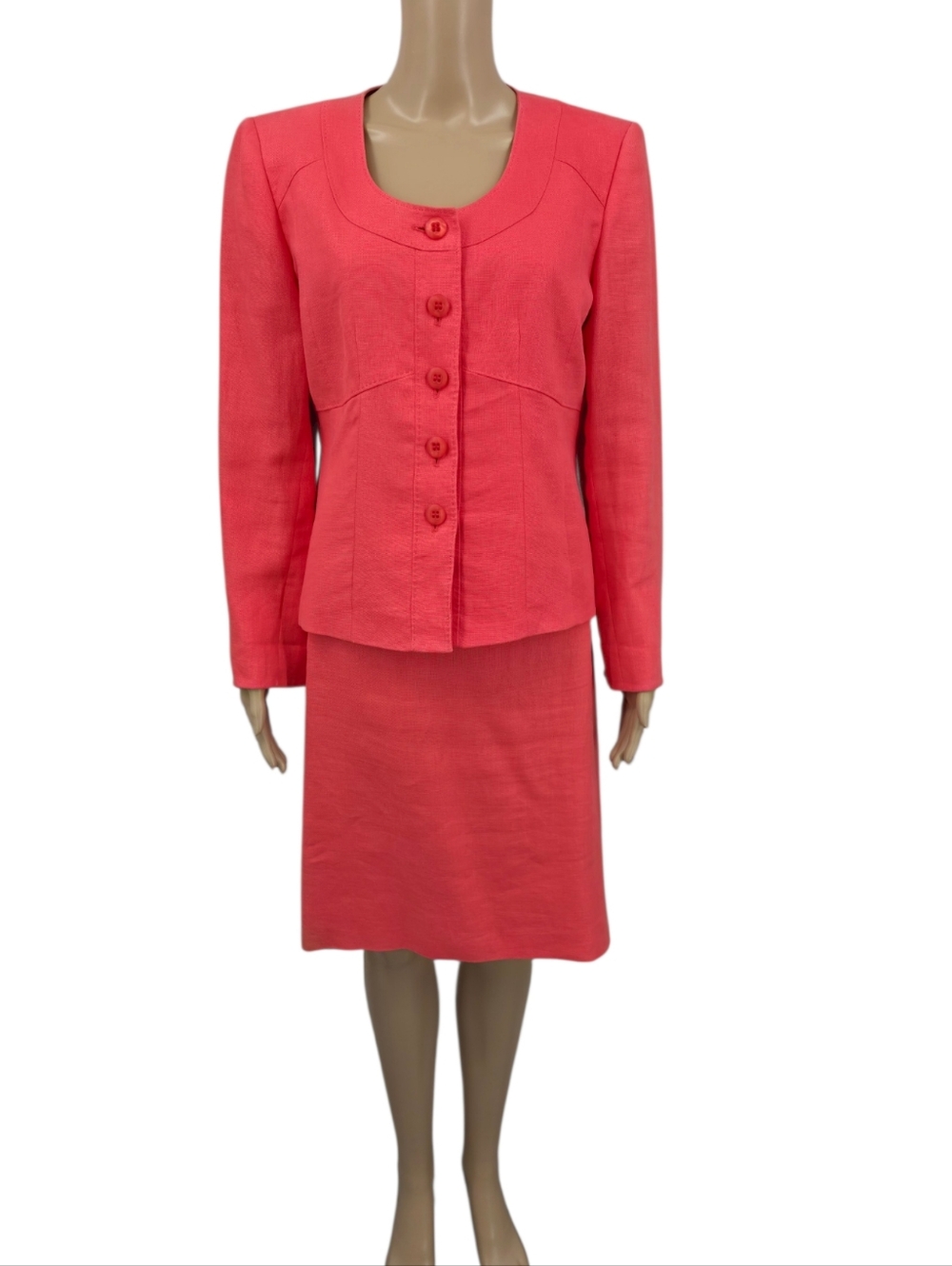 Linen Coral Two-Piece Skirt Suit Blazer Pencil Skirt By Kasper Women's 12P